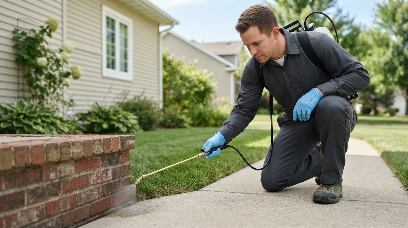 Pest control technician treating a home near Collyer, KS